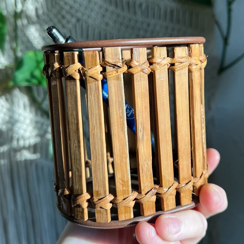 Vintage Bamboo & Rattan Pencil Holder Desk Organizer Wicker Rustic Office Decor